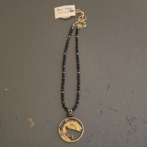Gold and Black Beaded Necklace with Fish Pendant